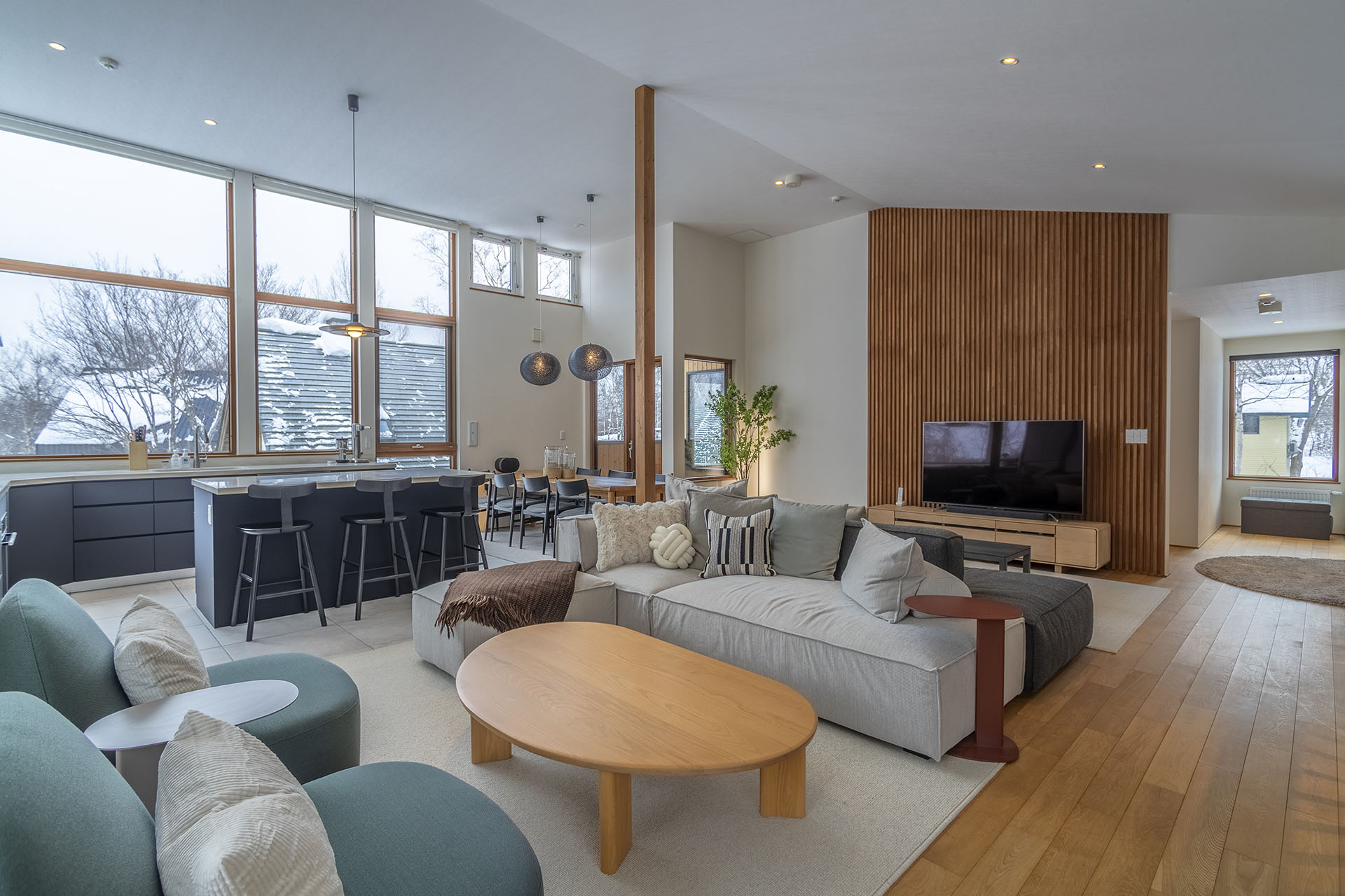shared living space in the villa where the group gathers after ski days